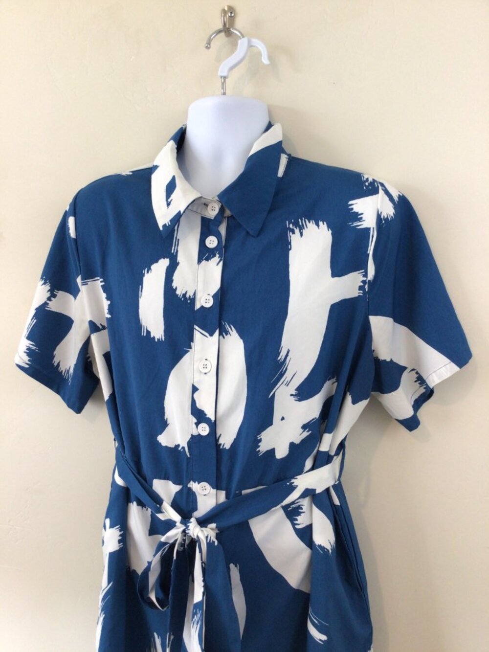 Blue and White Brushstroke Shirt Romper - Women's Jumpsuit - Picture 2 of 6